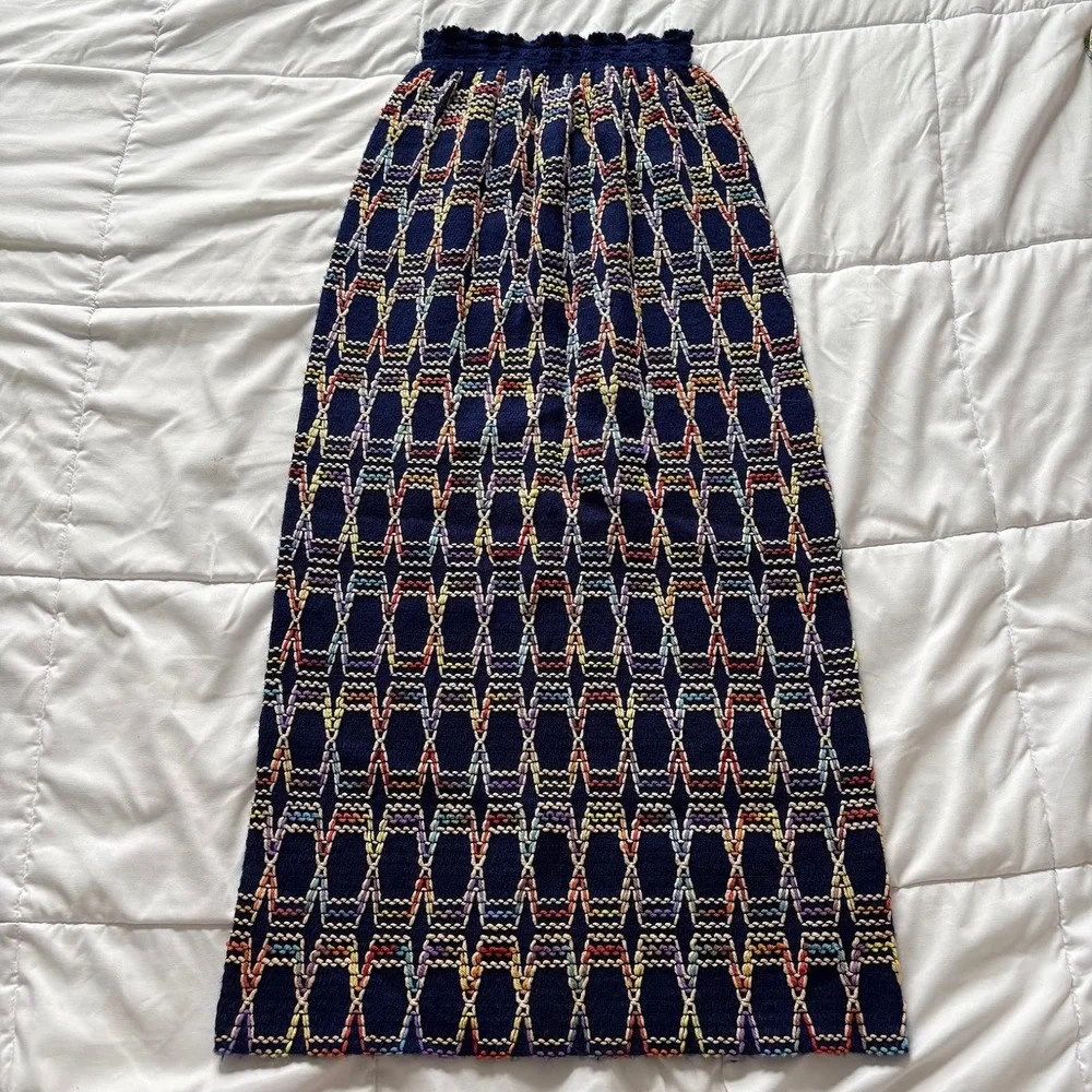 Vintage 80s New Issues Navy Blue Multicolor Knit Wool Maxi Skirt Boho Hippie